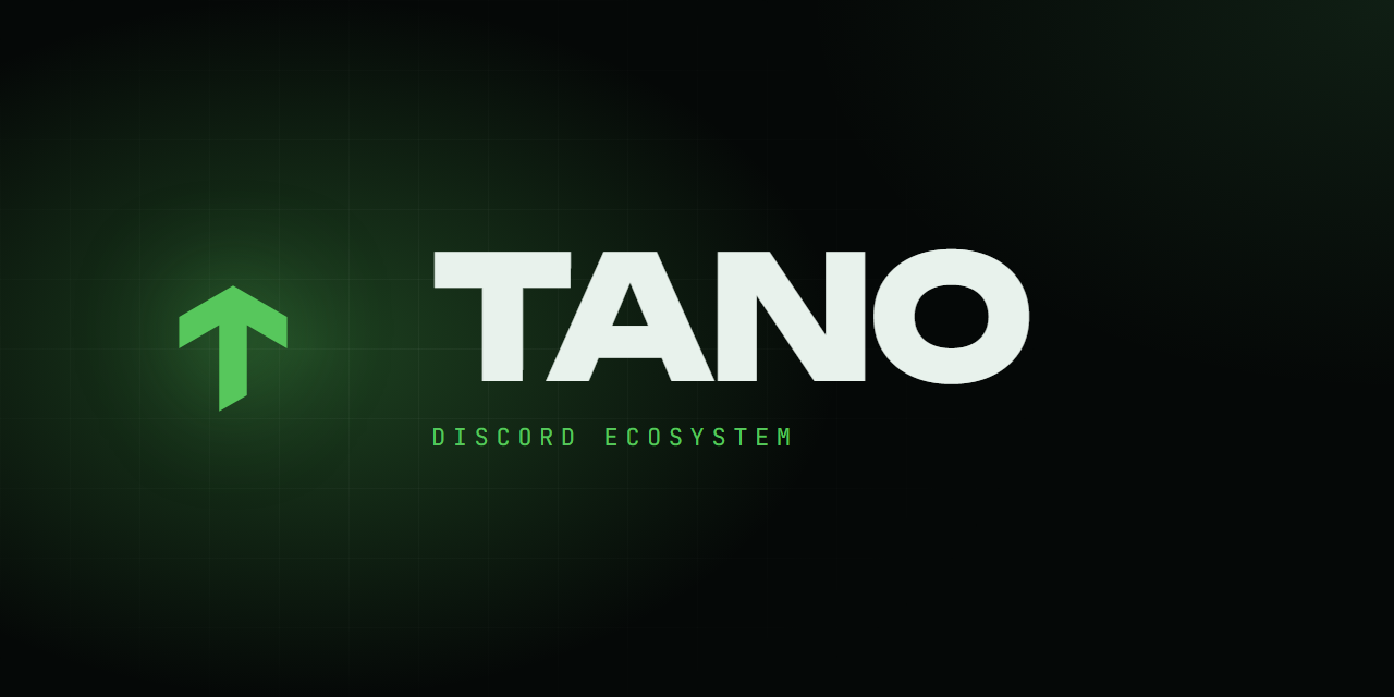 Логотип TANO: зелена стрілка-Т і напис TANO на темному тлі